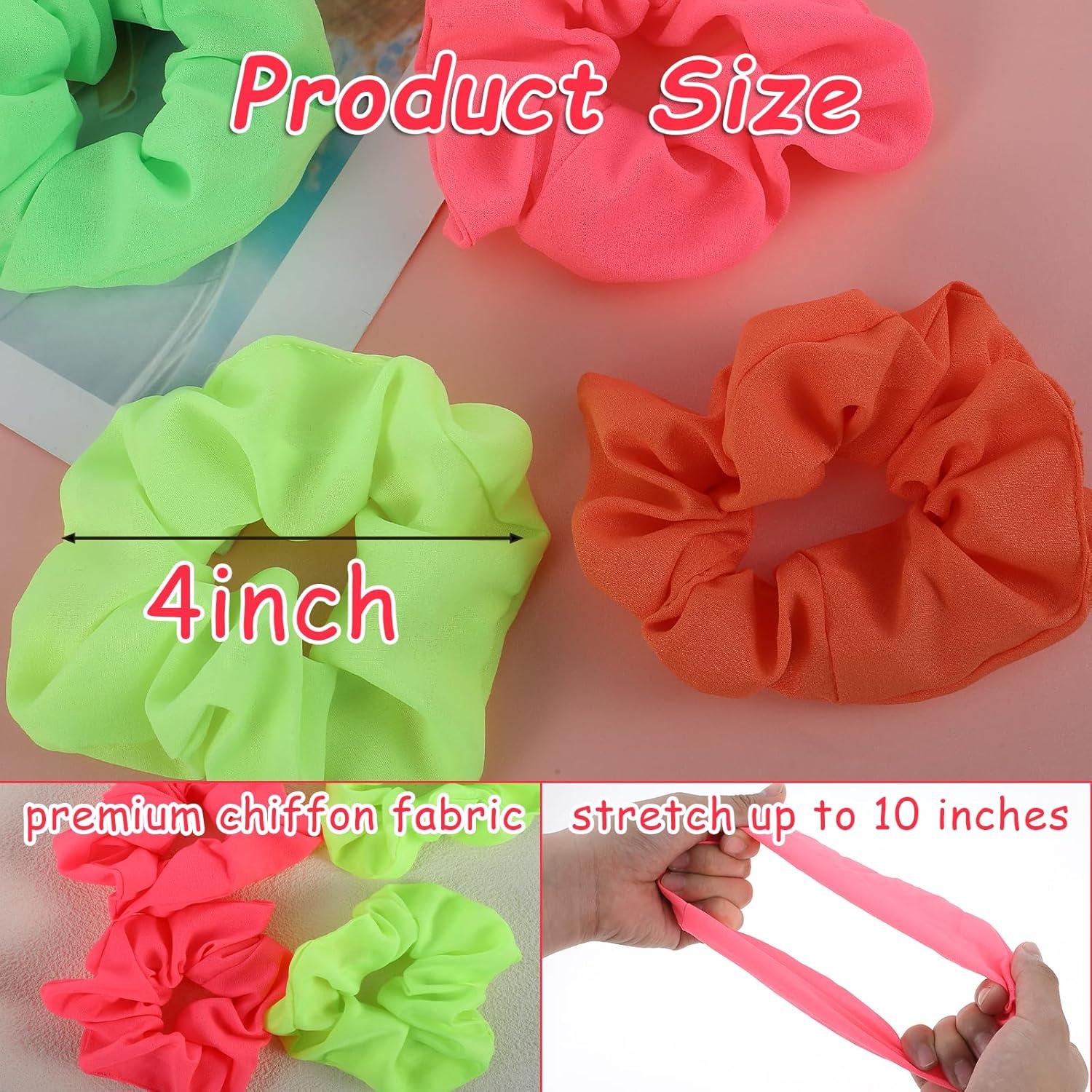 4 Pcs Neon Scrunchies, Hair Ties, Elastic Bands